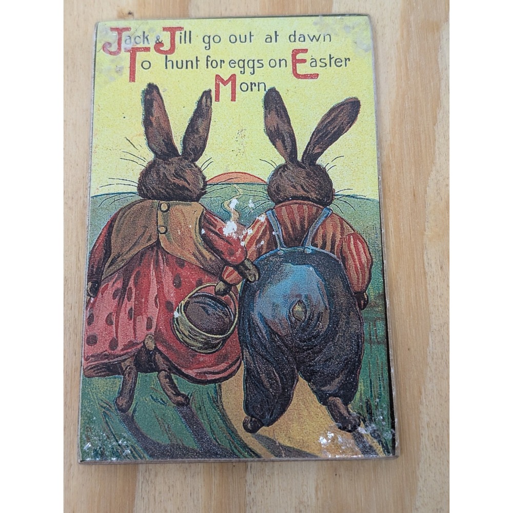 Antique Easter Postcard Jack and Jill Bunnies Egg Hunt‎ Unposted Vintage Art